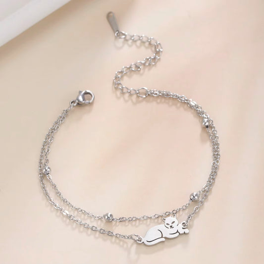 Stainless Steel Lying Cat Bracelet for Women Double Layer Beads Chain Bracelets Animal Kitten Jewelry Valentine Gift
