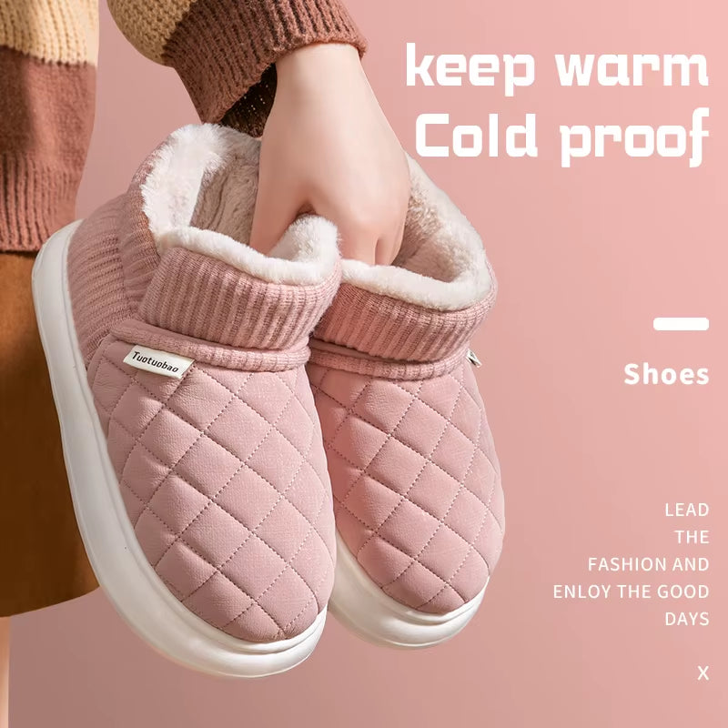 Winter Warm Snow Boots Unisex Thick Platform 4.0CM Quilted Plush Lined Non-Slip Indoor Outdoor Casual Cotton Shoes