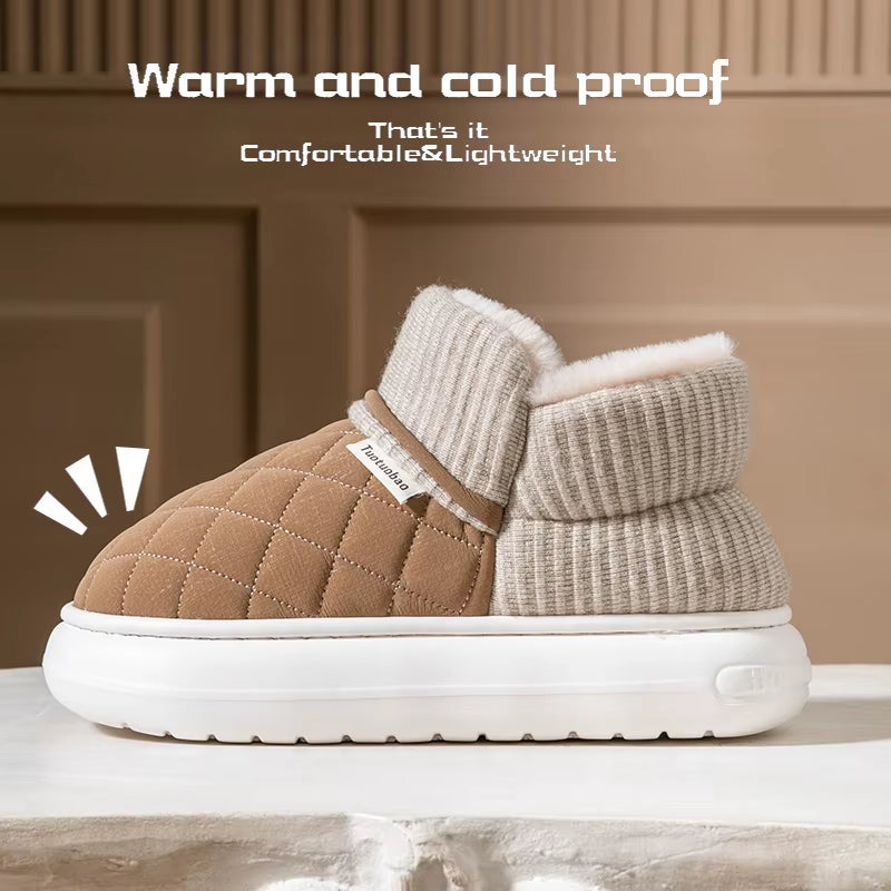 Winter Warm Snow Boots Unisex Thick Platform 4.0CM Quilted Plush Lined Non-Slip Indoor Outdoor Casual Cotton Shoes