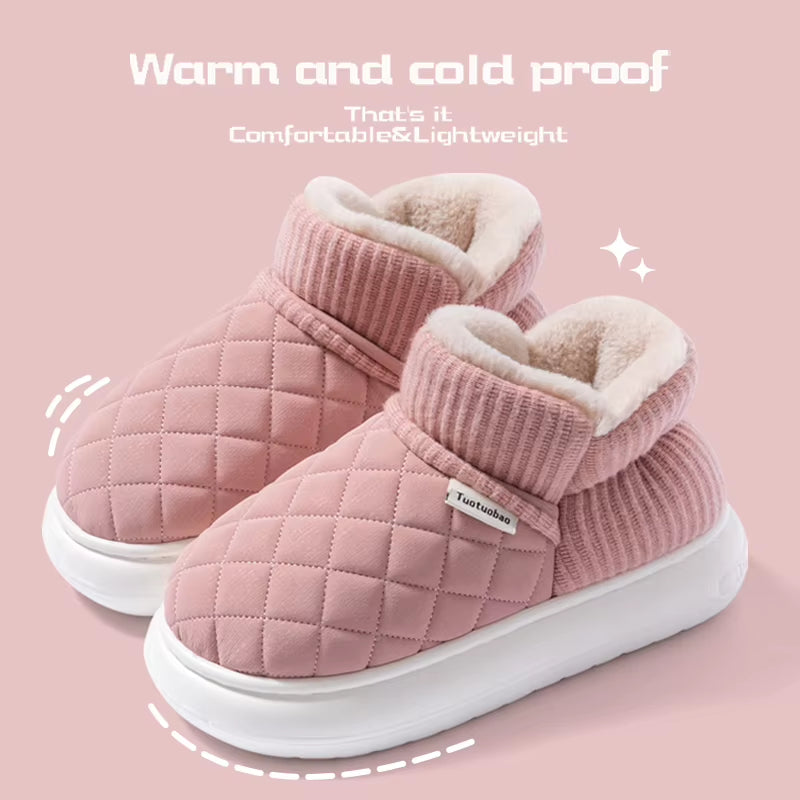 Winter Warm Snow Boots Unisex Thick Platform 4.0CM Quilted Plush Lined Non-Slip Indoor Outdoor Casual Cotton Shoes