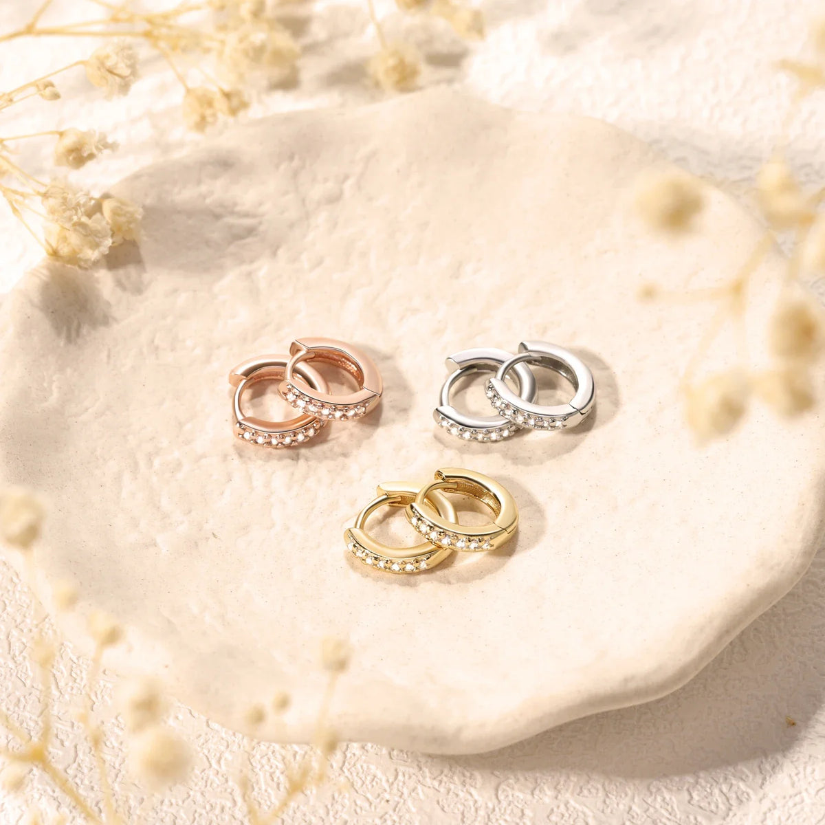 Huggie hoop earrings with zirconia, pair, stainless steel