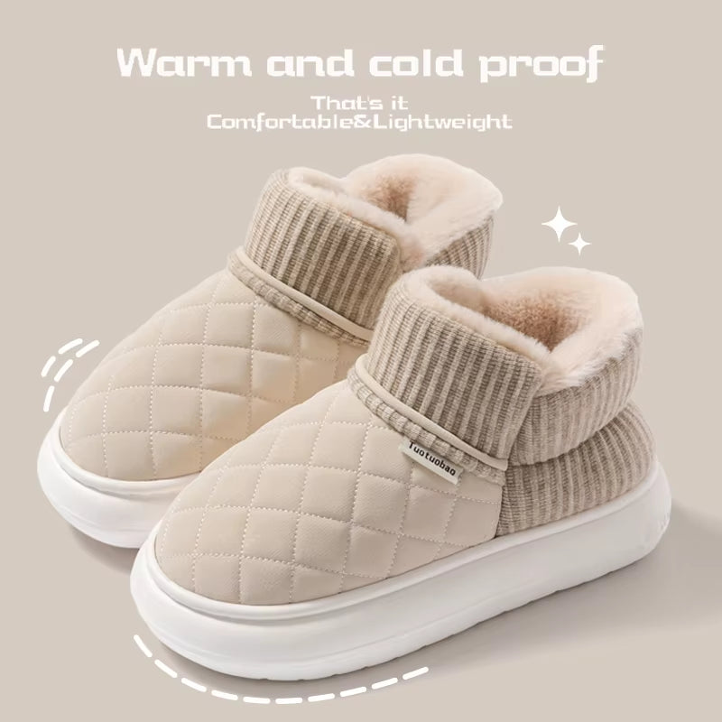 Winter Warm Snow Boots Unisex Thick Platform 4.0CM Quilted Plush Lined Non-Slip Indoor Outdoor Casual Cotton Shoes