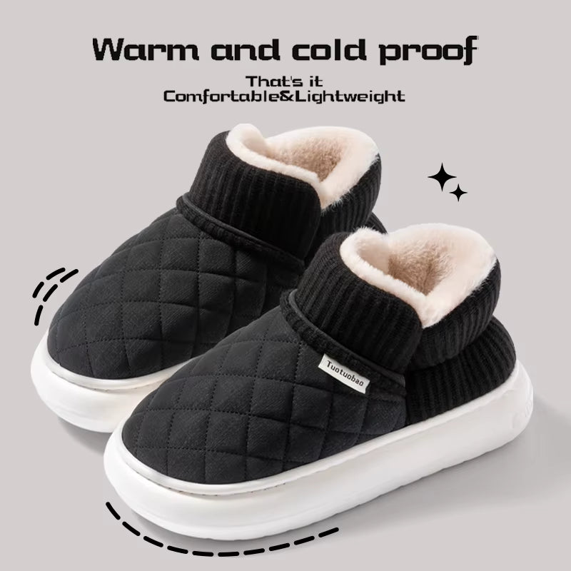 Winter Warm Snow Boots Unisex Thick Platform 4.0CM Quilted Plush Lined Non-Slip Indoor Outdoor Casual Cotton Shoes