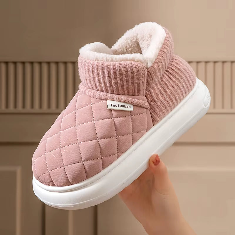 Winter Warm Snow Boots Unisex Thick Platform 4.0CM Quilted Plush Lined Non-Slip Indoor Outdoor Casual Cotton Shoes